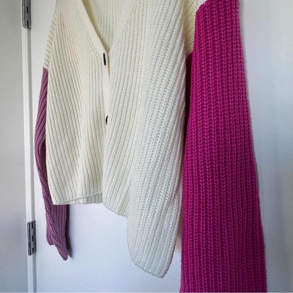 Large PrettyLittleThing White and Pink Sleeve Colorblock Button-Up Cardigan Cozy - Picture 7 of 12